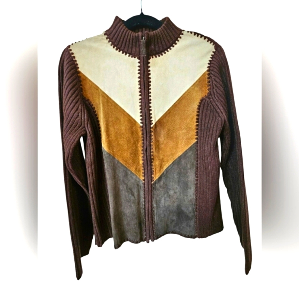 Vintage Designer Studio Western Leather Stitch Colorblock Zip up Jacket Brown - Picture 4 of 15